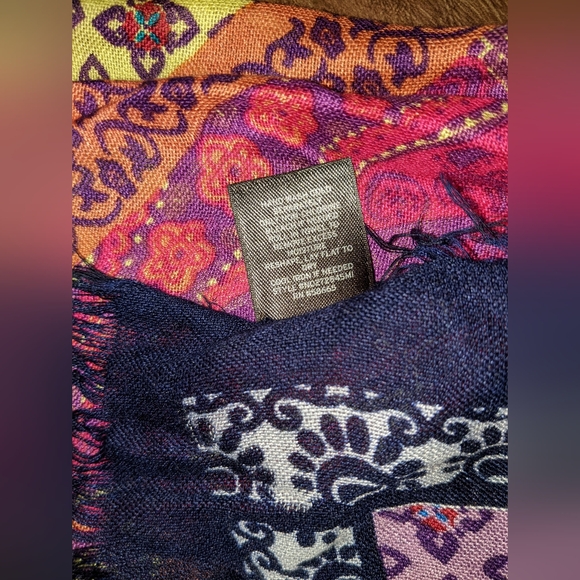 Tarnish - Large Square Paisley Patchwork Scarf - Coral, Navy, Purple, Yellow - Picture 8 of 14